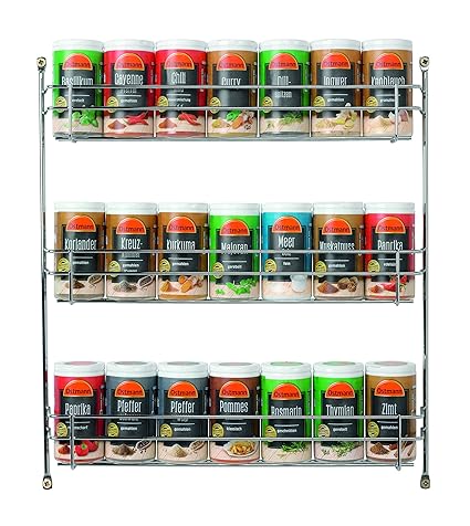 Ostmann Chrom-Gewürzregal gefüllt mit 21 Gewürzdosen Kräuter-Regal-Set Gewürz-Ständer, mit 21 feinen Gewürzen, für die Schran