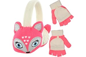 PEAK 2 PEAK Boys and Girls Animal Winter Earmuff and Cut Finger Gloves with Cover Set, Age 4-7