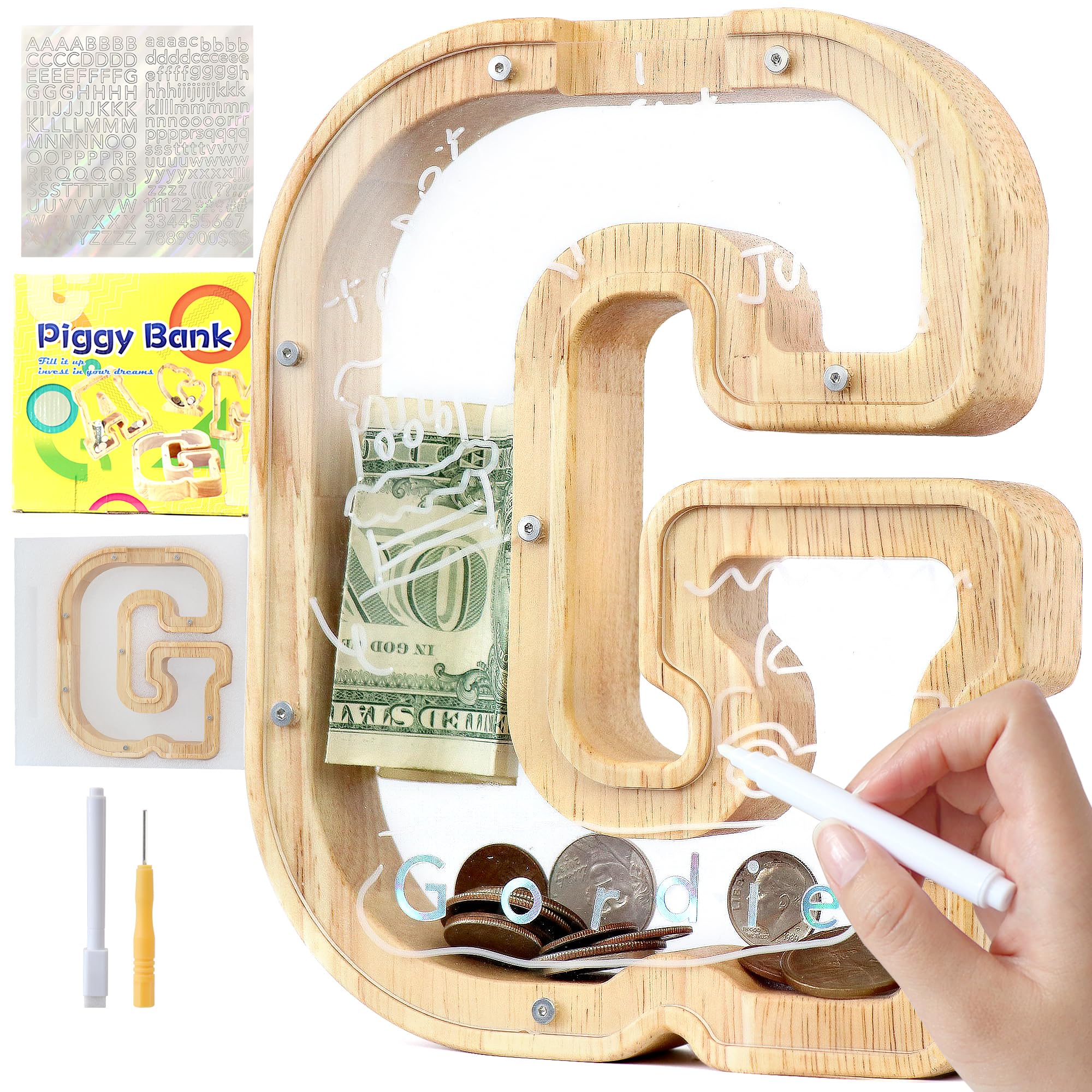 Mikytoper Letter Money Box for Kids Wooden Personalized A-Z Alphabet Piggy Bank Clear Money Bank Coin Bank for Gift Decoration Baptism (G)