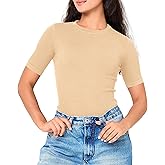 BAMBOO COOL Women's Seamless Tight T-Shirts Slim Fit Basic Ribbed Tees Short Sleeve Crew Neck Top