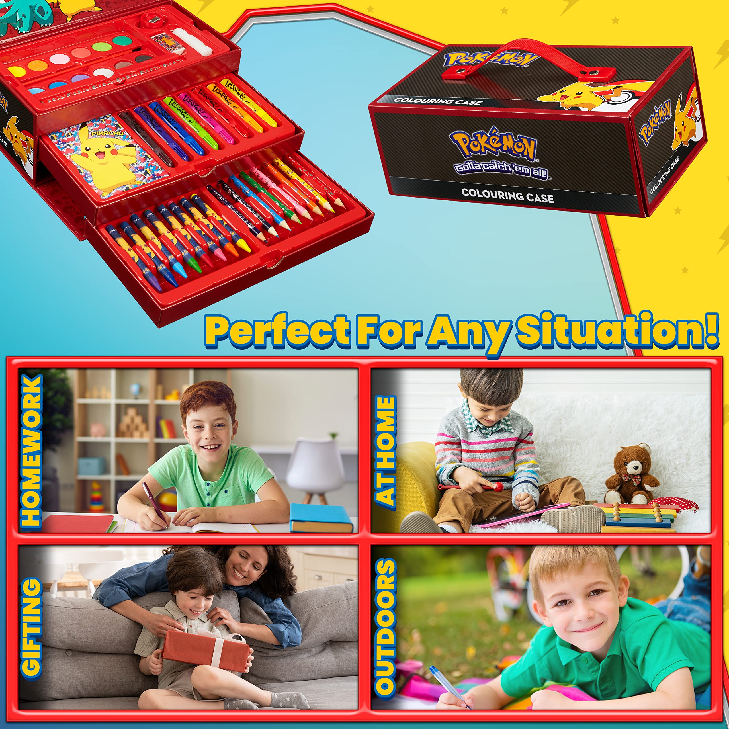 Pokemon Art Set for Boys Girls Drawing Painting Kit Markers Crayons Colored Pencils School Supplies Anime Gifts for Kids (Black/Red)