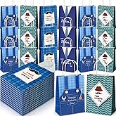 Saypacck 100 Pcs Fathers Day Gift Bags with Handle Bulk Blue Reusable Kraft Paper Tote Goodie Candy Package Shopping Present Wrap Bag for Happy Father Dad Grandpa Men Birthday Party Supplies (Bright)
