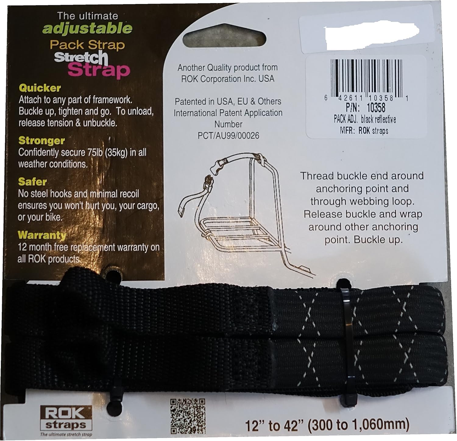 ROK Straps ROK-10358 Black/Reflective 12" - 42" Pack Adjustable Stretch Strap: Automotive
