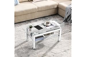 Olodumare Rectangle Glass Top Coffee Table with Silver Mirrored Legs for Living Room, Modern Glamorous 40’’ Rounded Corner Tempered Glass Tabletop & Lower Shelf Side Table, Easy Assembly, Gleam Silver
