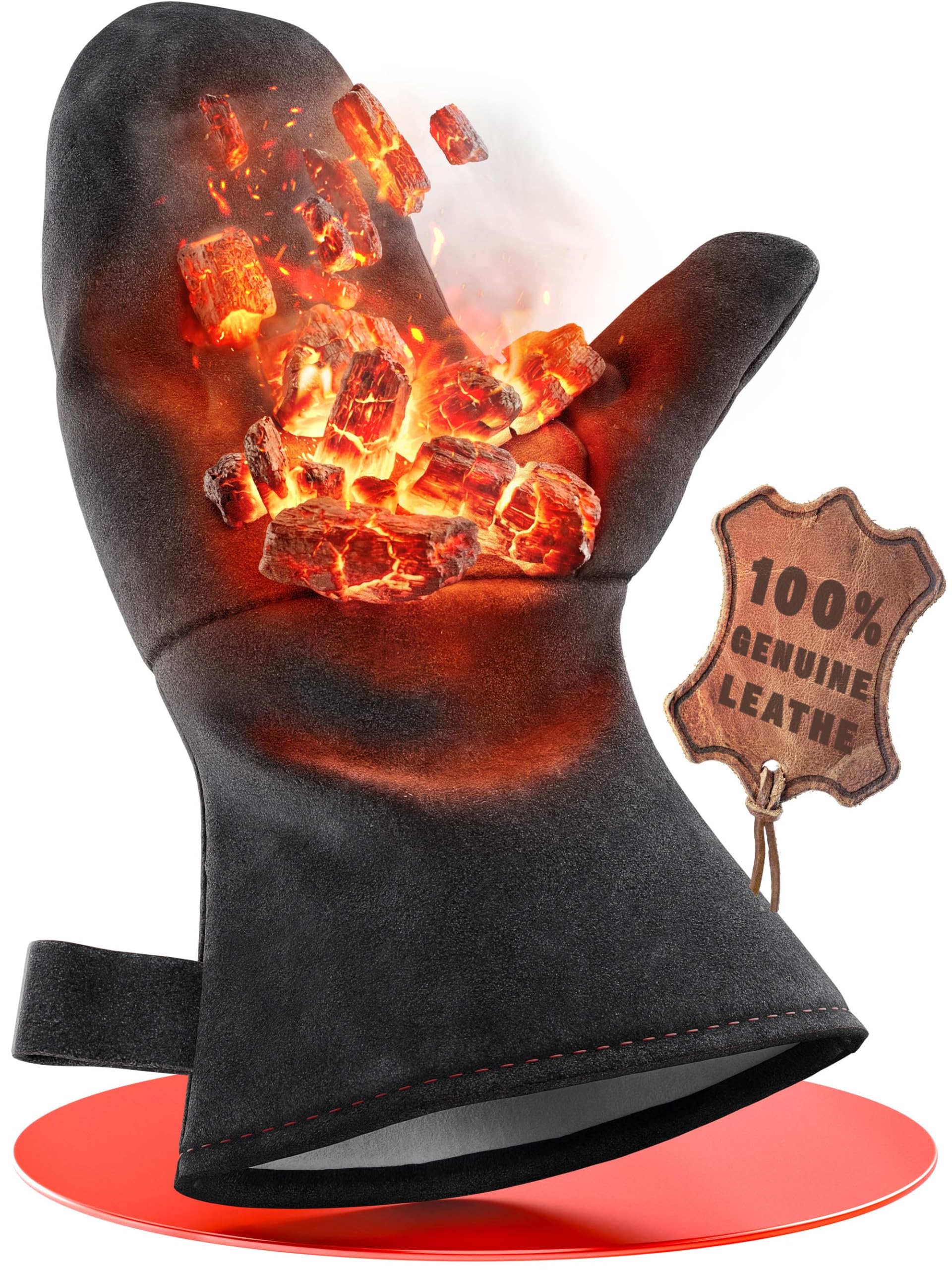 achilles Fireplace Glove, Conforms to Standard En407, with Thermal Insulation, Leather Oven Fireproof Protective Grill Heat-Resistant (Black, 31x18 cm)