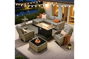 ovios 9 Pieces Patio Furniture Set Outdoor Sectional Sofa Couch with Fire Pit Table Rocking Swivel Chairs Deep Seat Chaise, Modern Modular Wicker Rattan Conversation Set, Dark Grey