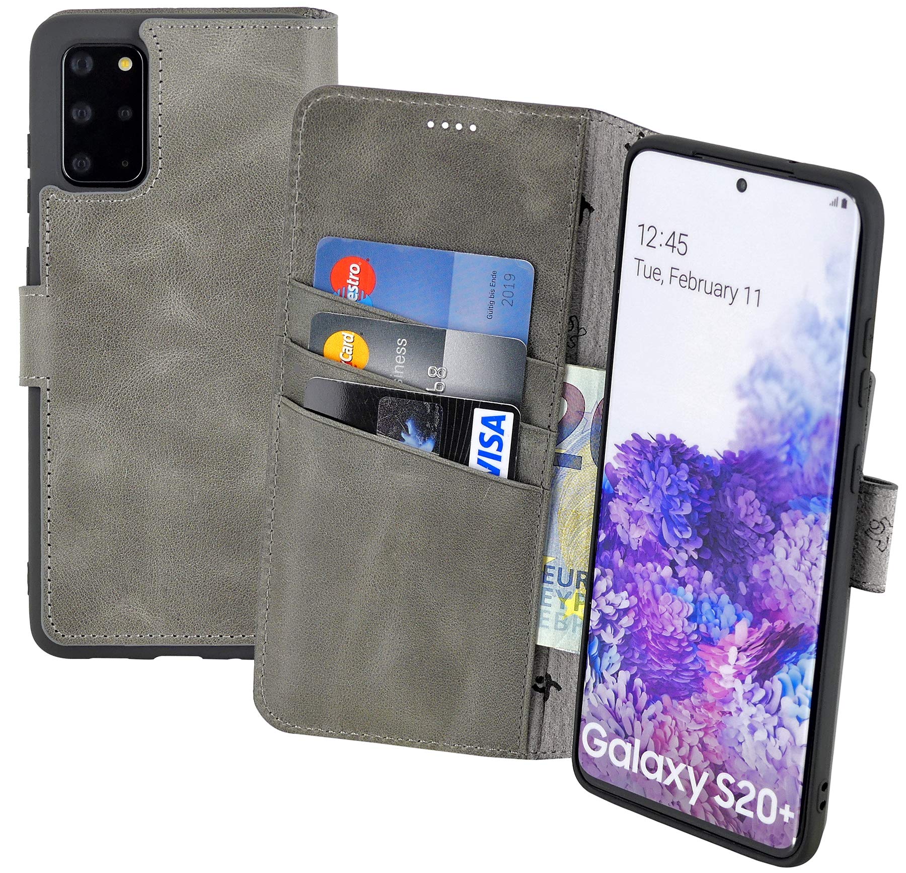 Suncase Book-Style Case Compatible with Samsung Galaxy S20 Plus Leather Case (Slim Fit) Leather Mobile Phone Case Protective Case with 3 Card Slots in Antique Grey