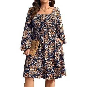 RWJ Womens Plus Size Long Sleeve Dress Square Neck A-Line Short Dresses | Floral Print, With Pockets, Elastic Waist, Smocked,