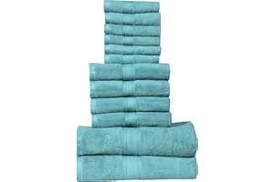 HILLFAIR 12 Piece- 600 GSM Cotton Bath Towels Set - Hotel Spa Towels Set- 2 Bath Towels, 4 Hand Towels, 6 Washcloths- Absorbent Super Soft Cotton Towels Set- Aqua Towel Set- 100% Cotton Towel Set
