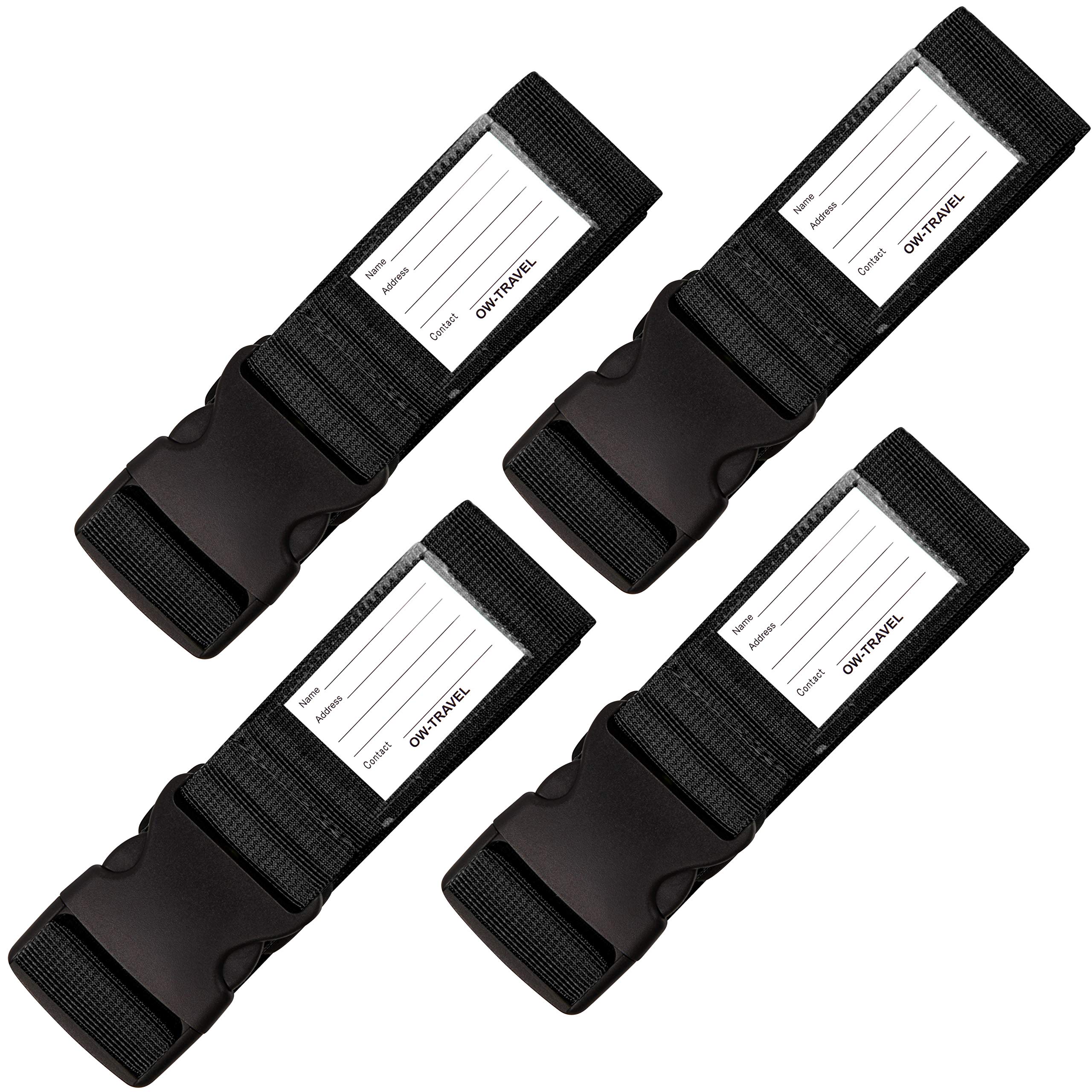 OW-Travel Personalised Luggage Straps for Suitcases (4 Pack Black) Easy to Spot Suitcase Straps with Address labels. Case Strap Suitcase Strap Luggage Belt for Bags Baggage with Name Card ID Slot