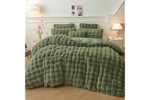 LIFEREVO Fluffy Faux Rabbit Fur Duvet Cover Set, Cozy Plush Shaggy Bubble Bedding Set for Bedroom Kids Room Dorm, 1 Fuzzy Moss Comforter Cover + 2 Furry Pillowcases, Zipper Closure, Sage Green, King