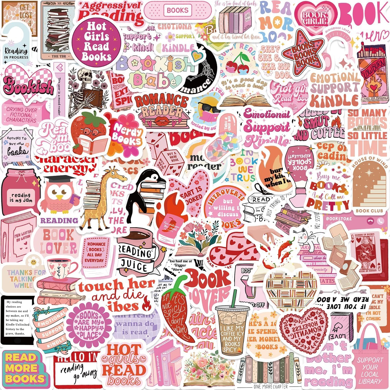 200Pcs Pink Bookish Stickers, Reading Stickers for Kindle, Funny Bookish Smutty Stickers, Vinyl Waterproof Booktok Aesthetic Decal for Laptop Computer Phone Water Bottle