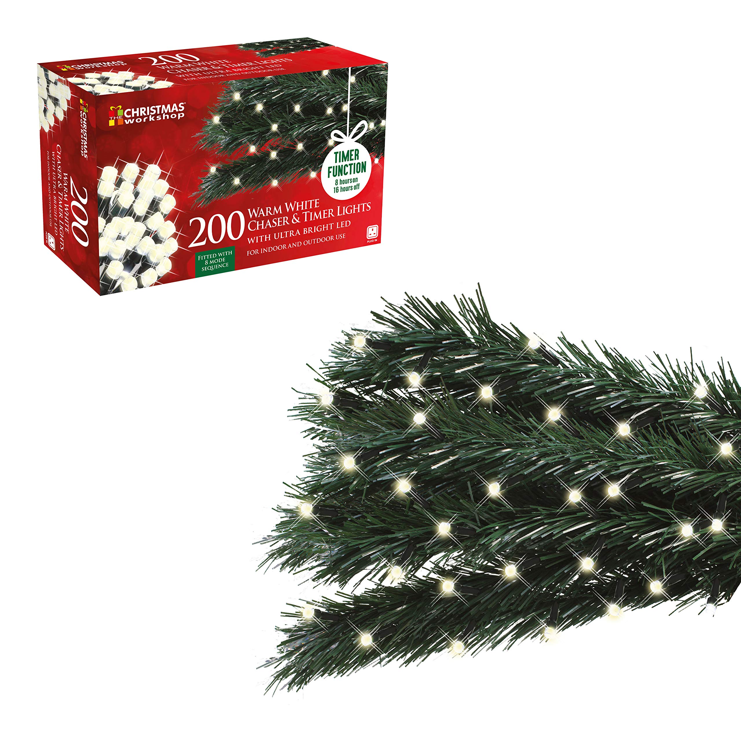 The Christmas Workshop Premium LED Warm White Chaser Christmas Lights | Indoor/Outdoor Fairy Lights | 2 Separate Functions | 8 Light Modes | Christmas/Weddings/Gardens (200)