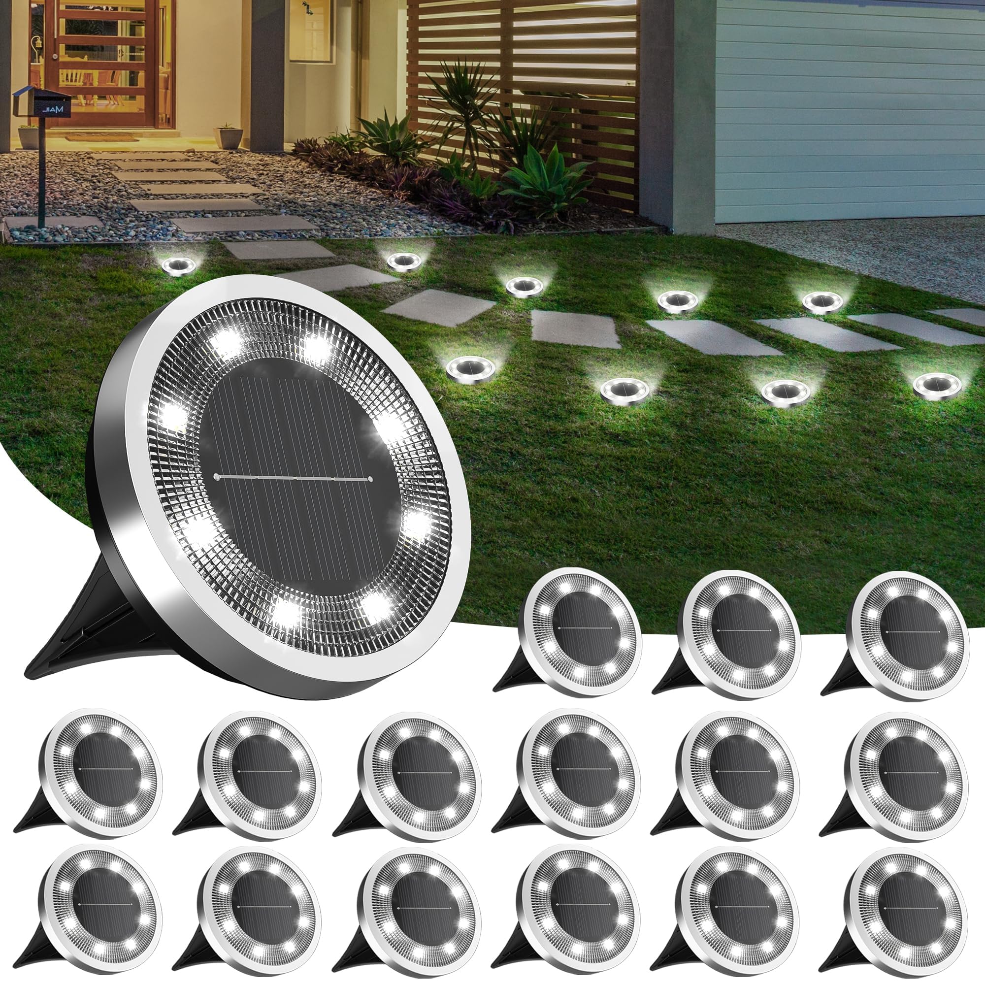 INCX Solar Ground Lights,16 Pack Solar Lights Outdoor Waterproof, Solar Garden Lights Landscape Lighting for Patio Pathway Lawn Yard Deck Driveway Walkway, Cold White Image