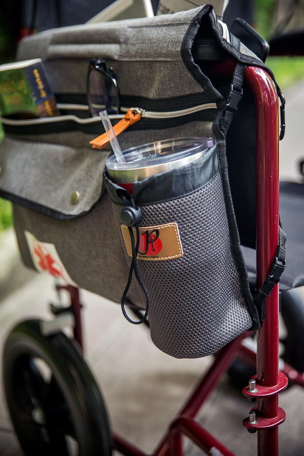 Wheelchair Side Pouch Bag(Double-Side) with Cup and Phone Holder for Manual, Electric or Power Mobility Scooter Full ARMREST by P&F for Lightweight Transport - Deluxe Wheelchair Accessories (Gray): Health & Personal Care
