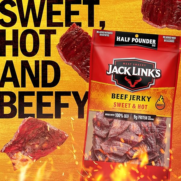 JACK LINK’S BEEF JERKY, SWEET & HOT, HALF POUNDER LARGE JERKY BAG – FLAVORFUL MEAT SNACK, READY TO EAT PROTEIN SNACKS WITH 9G OF PROTEIN PER SERVING, MADE WITH 100% BEEF