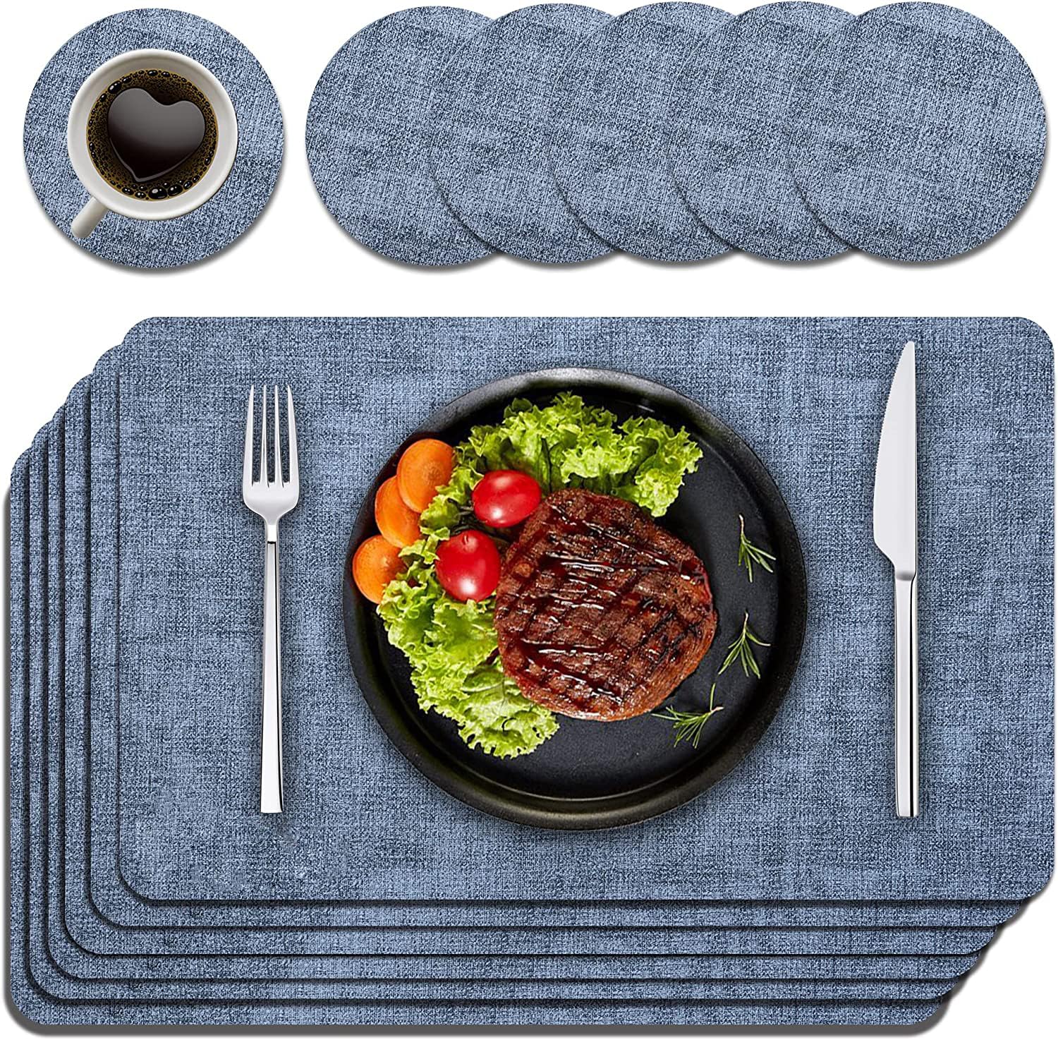Purejoy Placemats and Coaster Sets 6, Christmas Table Mats PU Leather, Heat-Resistant Washable and Non-Slip 43 * 30 cm, Dinner Table Mats Set of 6, for Kitchen Table and New Years (Sky Blue)