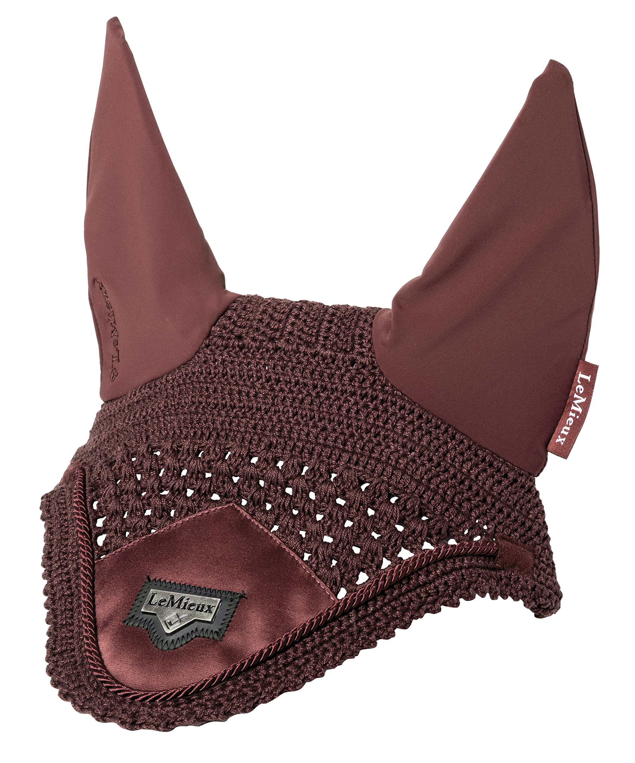 LeMieux Loire Crochet Fly Hood with Comfortable Lycra Ears in Rioja - Luxurious Satin Fabric Front Piece - Large