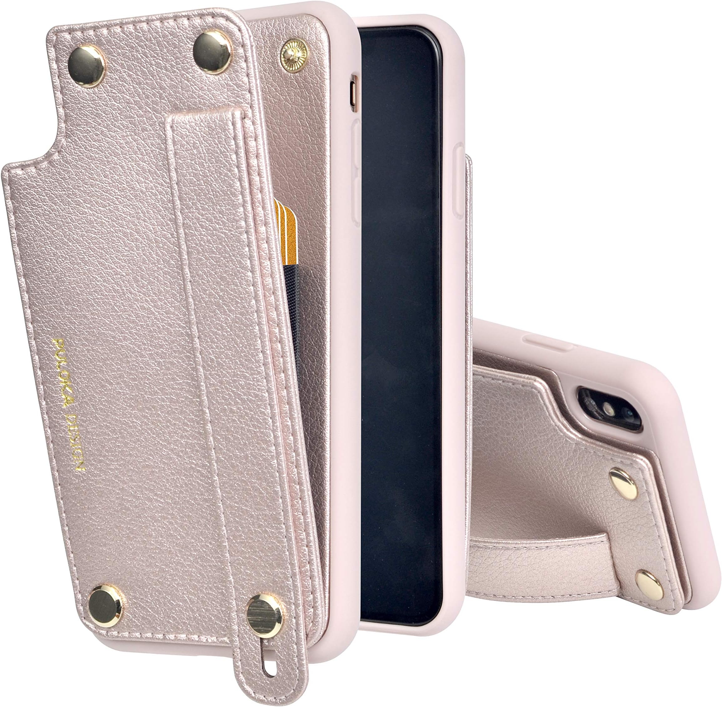 PULOKA iPhone Case Wallet Microfiber Leather Wrist Strap Kickstand Card Slot Double Magnetic (Rose Gold, iPhone Xs MAX)