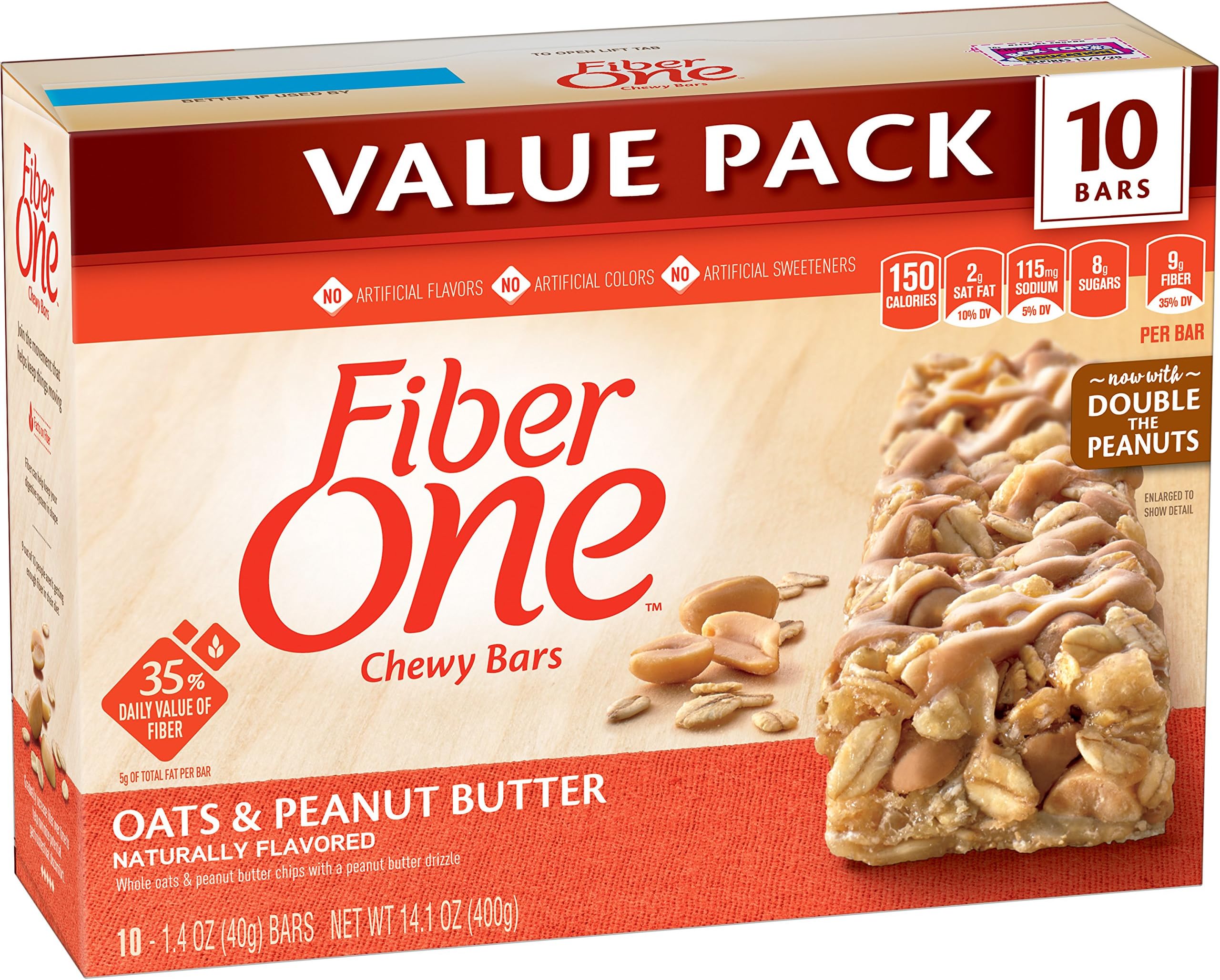 Fiber One Chewy Bar, Oats and Peanut Butter, 10 Fiber Bars, 14.1 oz (Value Pack)