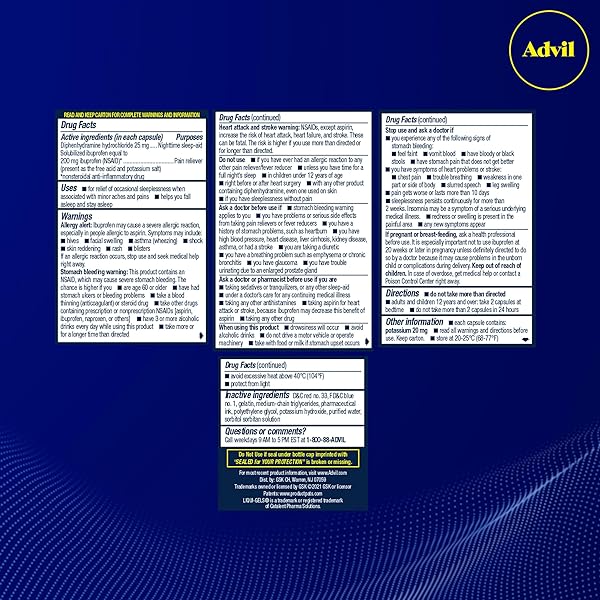 ADVIL PM LIQUI-GELS PAIN RELIEVER AND NIGHTTIME SLEEP AID, PAIN MEDICINE WITH IBUPROFEN FOR PAIN RELIEF AND DIPHENHYDRAMINE HCL FOR A SLEEP AID – 2X80 LIQUID FILLED CAPSULES