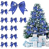 HIENAJ 12PCS Christmas Bows for Wreath,Glitter Blue Velvet Wreath Bow for Christmas Décor Winter Bow for Front Door Indoor Outdoor Wall Tree Topper Decoration Supplies Xmas Ornament