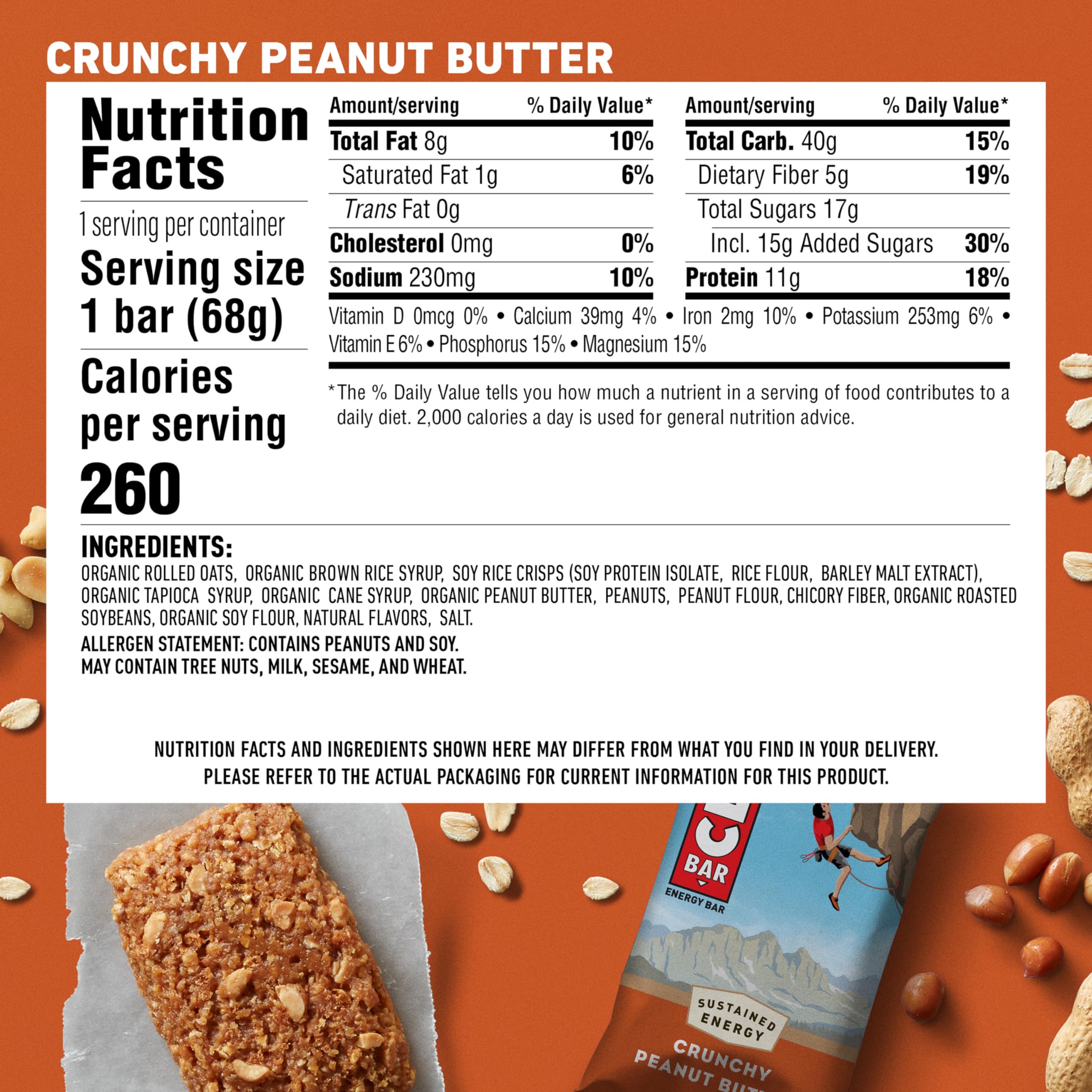 CLIF BAR - Crunchy Peanut Butter - Made with Organic Oats - 11g Protein - Non-GMO - Plant Based - Energy Bars - 2.4 oz. (18 Pack)