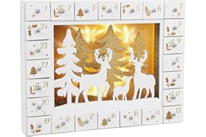 Zcaukya Christmas Advent Calendar, Pre-lit LED Wooden Reindeer Christmas Advent Calendar with 24 Drawers, 24 Days Christmas Countdown Calendar