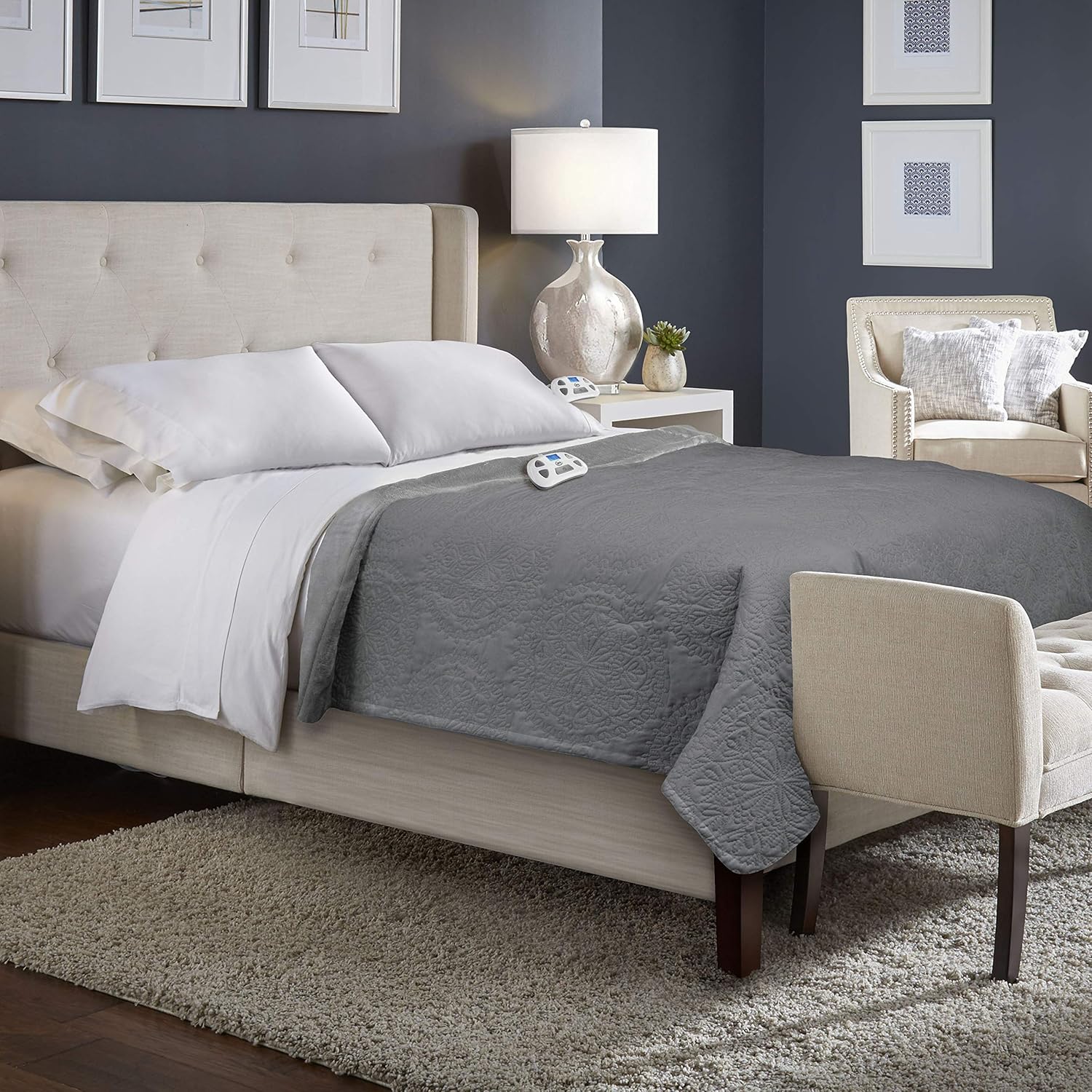 Serta | All Season Reversible Quilted Medallion Fast Heating Electric Blanket with Auto Shut Off, King, Grey