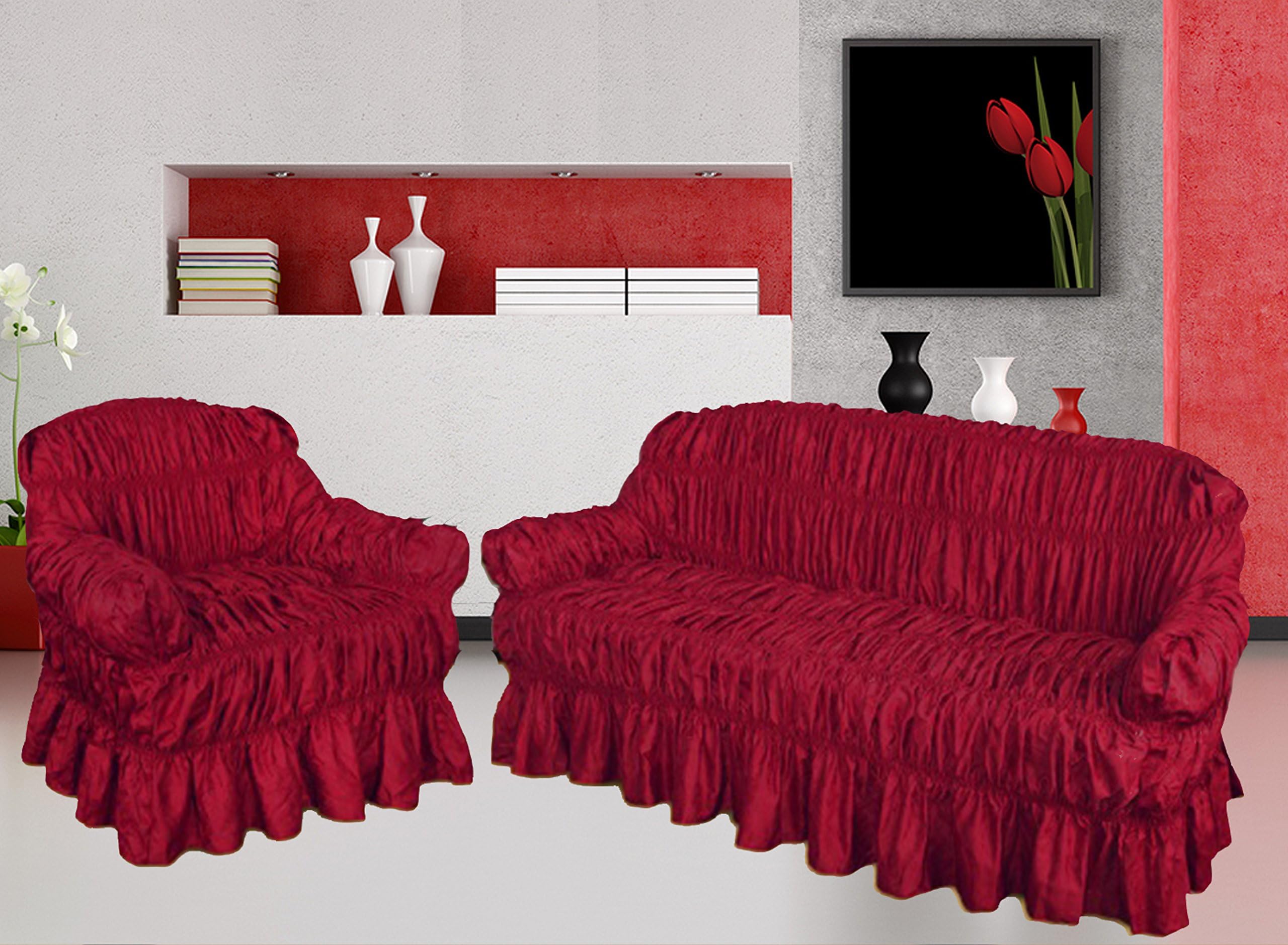 NAKUK HOME COLLECTION Sofa Cover 3 2 1 Seater Jacquard - Universal Elastic Fitting (Arm Chair, RED WINE)