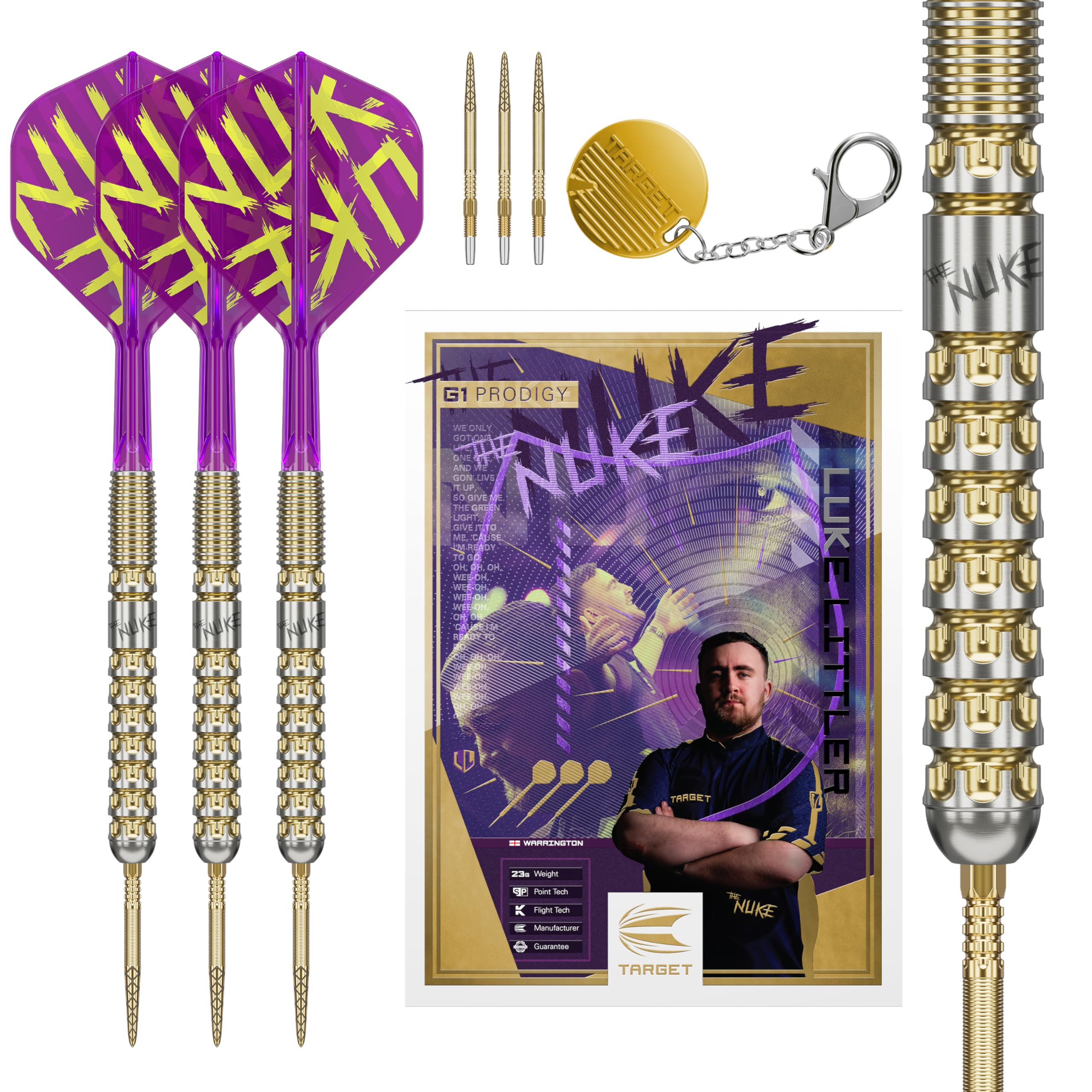Photo 1 of Target Darts Luke Littler Gen 1 Prodigy Steel Tip Swiss Point Darts, 90% Tungsten Darts, 23G | Generation 1 Gold Steel Tip Darts, Player Edition Swiss Points Dart Sets, K-Flex Flights and Shafts