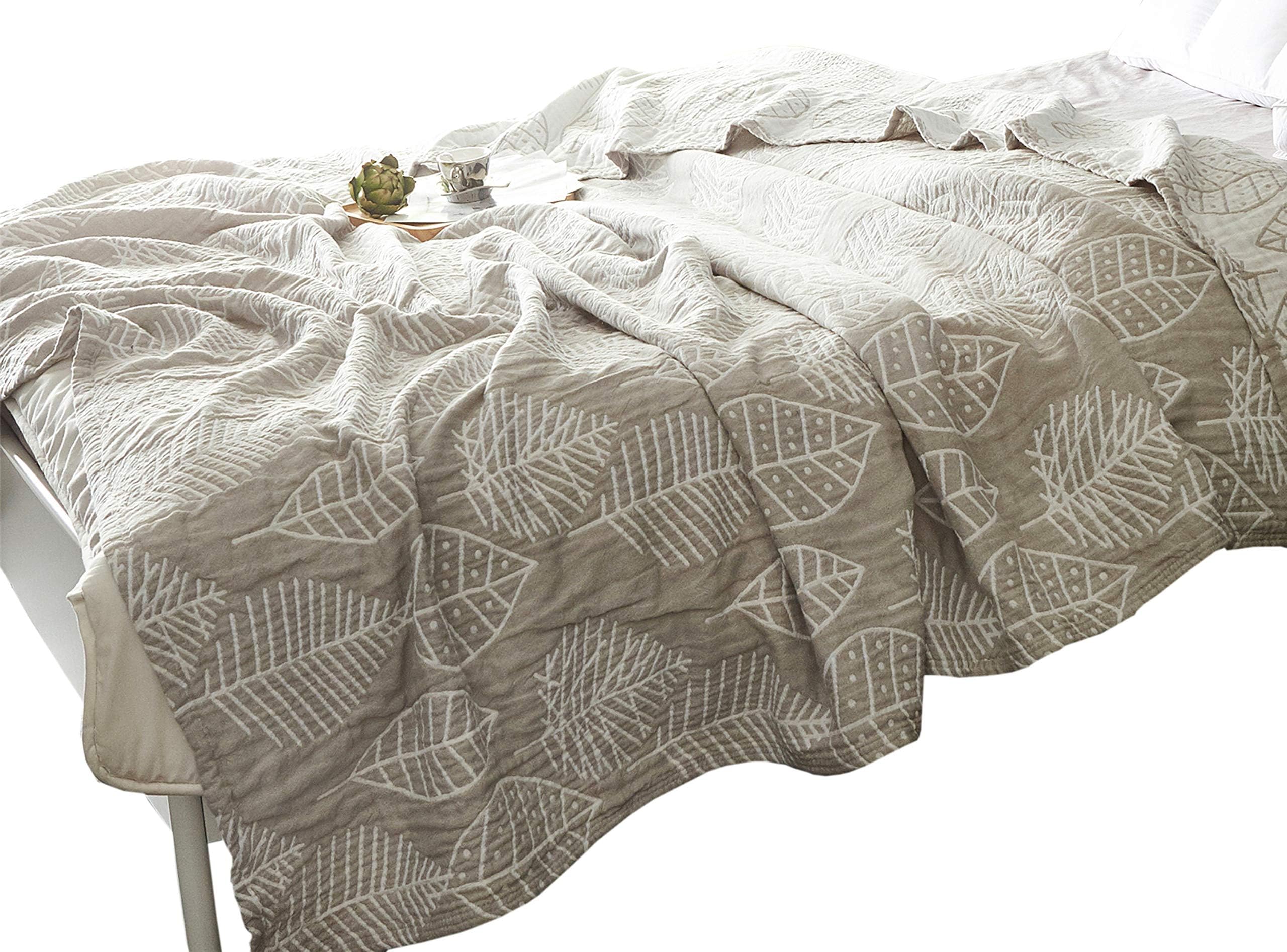 MEJU Grey Leaves Muslin Lightweight Summer Blanket Full for Bed Sofa Couch, 100% Combed Cotton 4 Layer Soft Warm Quick…