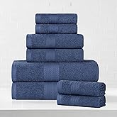 Superior Eco-Friendly Cotton 8-Piece Towel Set, Bathroom, Shower, Quick Dry Home Essentials, Lightweight, Sustainable Towels, 2 Bath, 2 Hand, 4 Face Towels, Washcloth, Highly Absorbent, Navy Blue