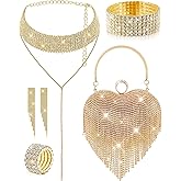 5 Pcs Valentine's Day Rhinestone Clutch Purses Jewelry Set for Women Heart Shape Tassel Evening Clutch Bag