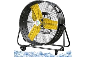 YRWTO 24 Inch Industrial drum Fan, 2-Speed High Velocity Floor Fan, Heavy Duty Metal Air Circulator, 360° Swivel with Caster Handle For Patios, Warehouses, Commercial, Factories and Workshops