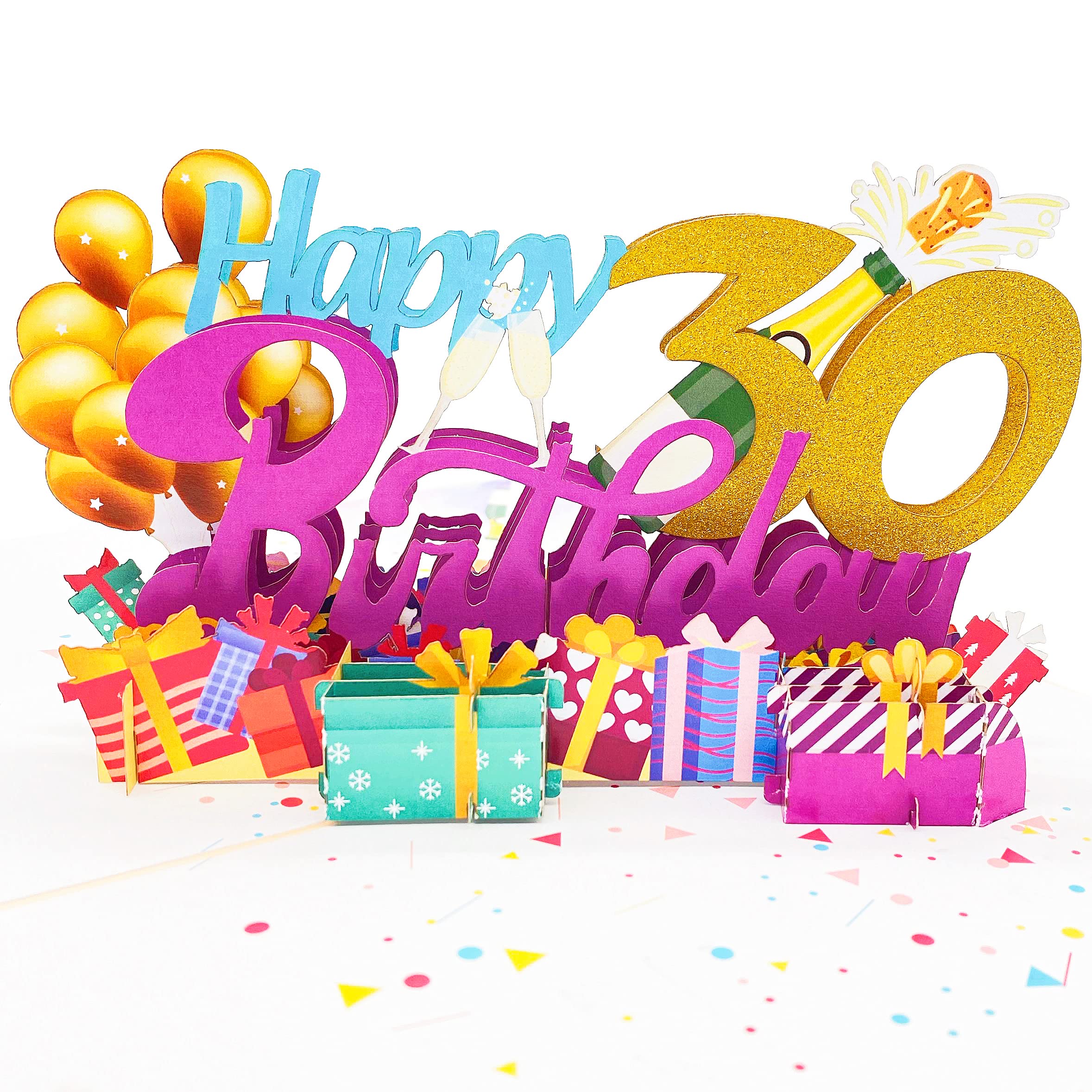 Liif Happy 30th Birthday 3D Greeting Pop Up Card, 30th Birthday Card For Him, Her, Women, Funny, Celebrations, Congrats, Thirty, Balloons, Champagne | With Message Note & Envelop | Size 8" x 6"