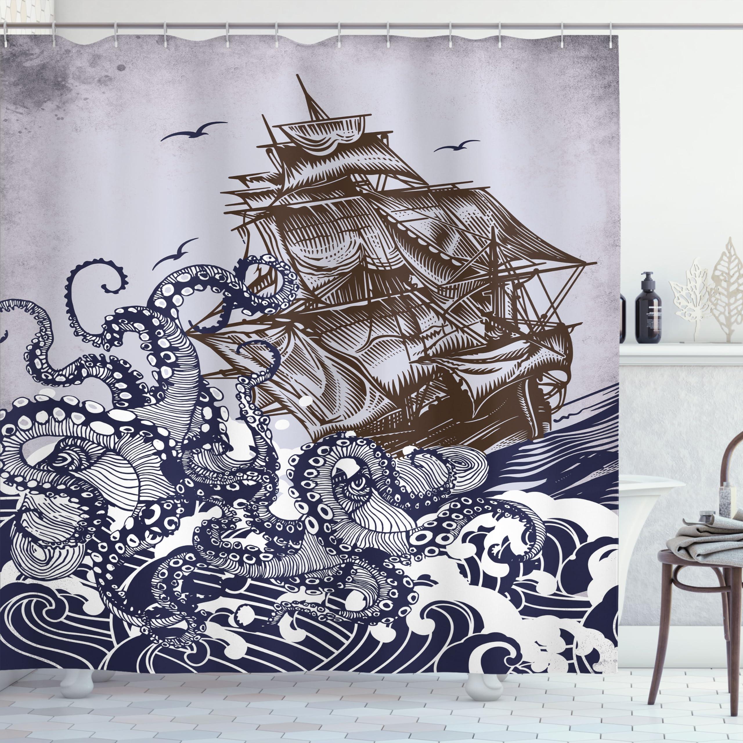 ABAKUHAUS Nautical Shower Curtain, Octopus Kraken Tentacles with Ship Sail Old Boat in Ocean Waves Marine Theme, Cloth Fabric Bathroom Decor Set with Hooks, 175 x 200 cm, Navy Blue Brown
