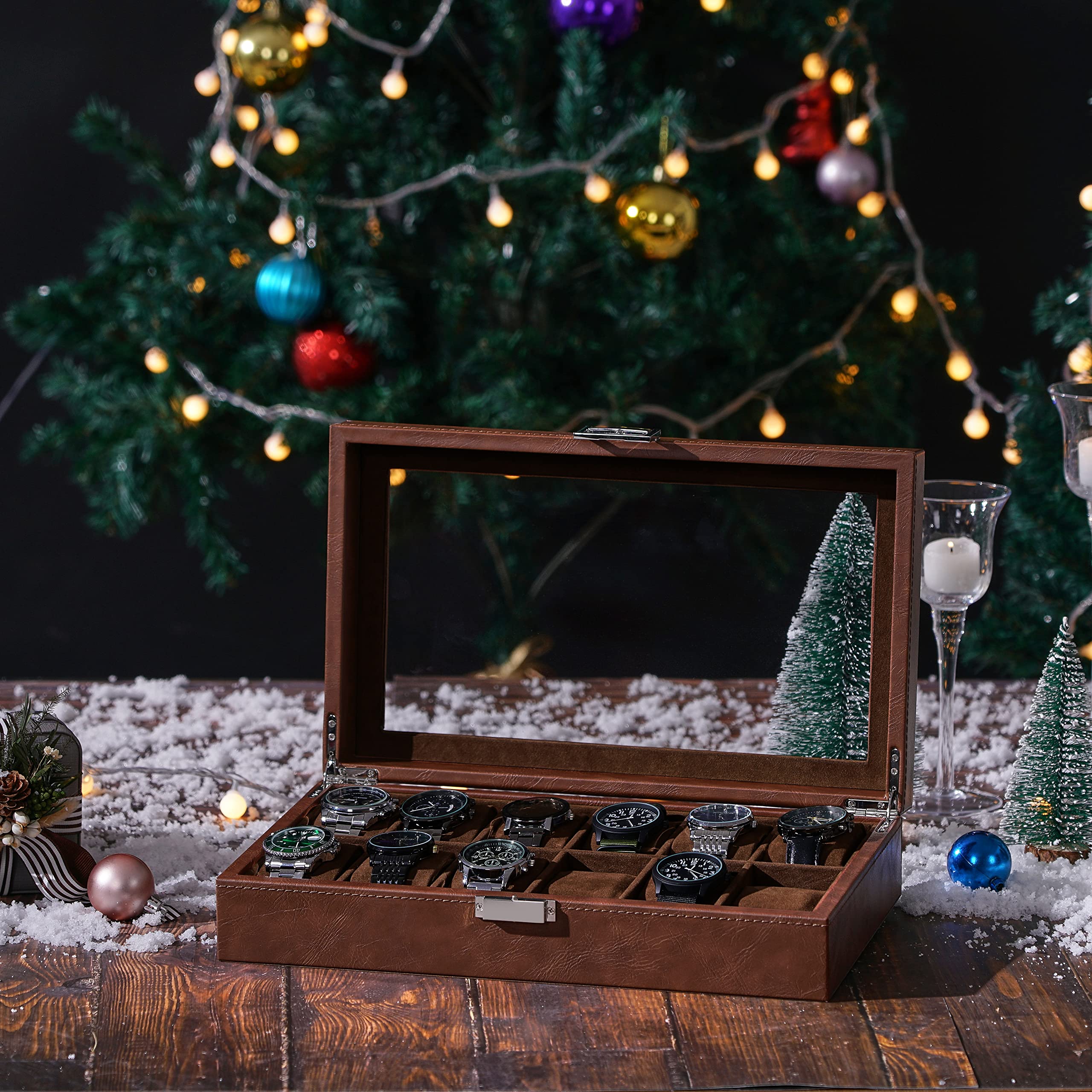 BEWISHOME Watch Case, 12-Slot Watch Box with Large Glass Lid, Watch Case for Men Watch Box Organizer, Mens Jewelry Box Removable Watch Pillows, Synthetic Leather, Brown SSH08Z