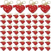 Tondiamo 60 Pcs Valentine Heart Keychain Bulk Rhinestone Glitter Charm Key Ring with Tassel Bling Leather Bag Charm for Women