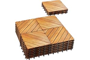 PrimeZone 27 PCS Solid Acacia Wood Interlocking Patio Deck Tiles - 12" x 12" Indoor Outdoor Waterproof Flooring Tiles for Balcony, Backyard & Poolside, All Weather Use, Natural Wood, Diagonal