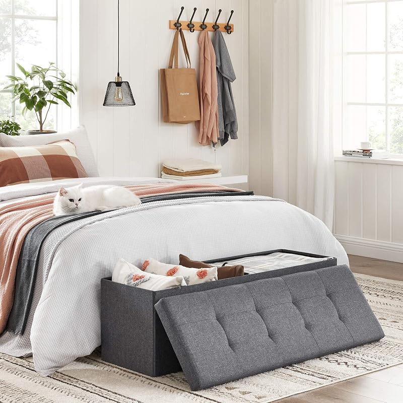 MAZIE Collezione - Cassapanca, Pouf Contenitore, Poggiapiedi Pieghevole da 38 x 110 x 38 cm, Ottomano, Portante 300 kg, per Soggiorno, Camera da Letto, Entrata, Grigio Scuro LSF77K