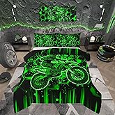 Feelyou Kids Dirt Bike Comforter Set,Boys Racing Motocross Rider Bedding Set Full Size,Green Black Extreme Sports Comforter,Motorcycle Bed Set for Teens Boys Room Decor