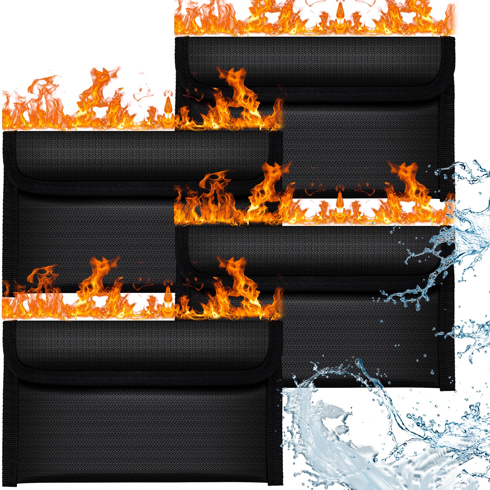 OFFCUP Fireproof Document Bag, 4pcs 8x4.6 Inches Money Fireproof Bag, Solid Silicone Coated Waterproof and Fireproof Safe Storage Bag with Zipper for Cash, File, Passport, Valuables Box (Black)