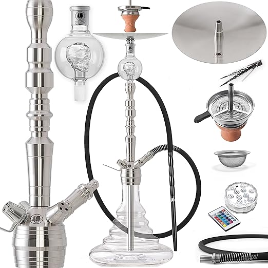 DILAW® Onyx Shisha Edelstahl Silber V2A 93cm Hookah Big Size ? + LED Licht | Wasserpfeife Kaminkopf Komplettset Molassefänger