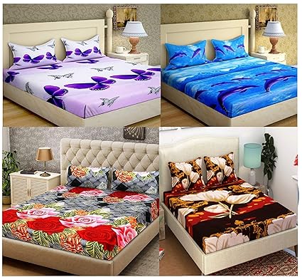 RAMPART Home Furnishing Floral 3D Print 4 Double Bedsheet with 8 Pillow Covers - Pack of 4 (Multicolour)