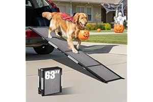 PATHOSIO PETS Portable Dog Ramp for Car – Foldable Dog Car Ramp for Truck, SUV, High Bed & Sofa with Anti-Slip Feet & Traction Carpet – Small to Large Breeds (63" Long & 17" Wide)