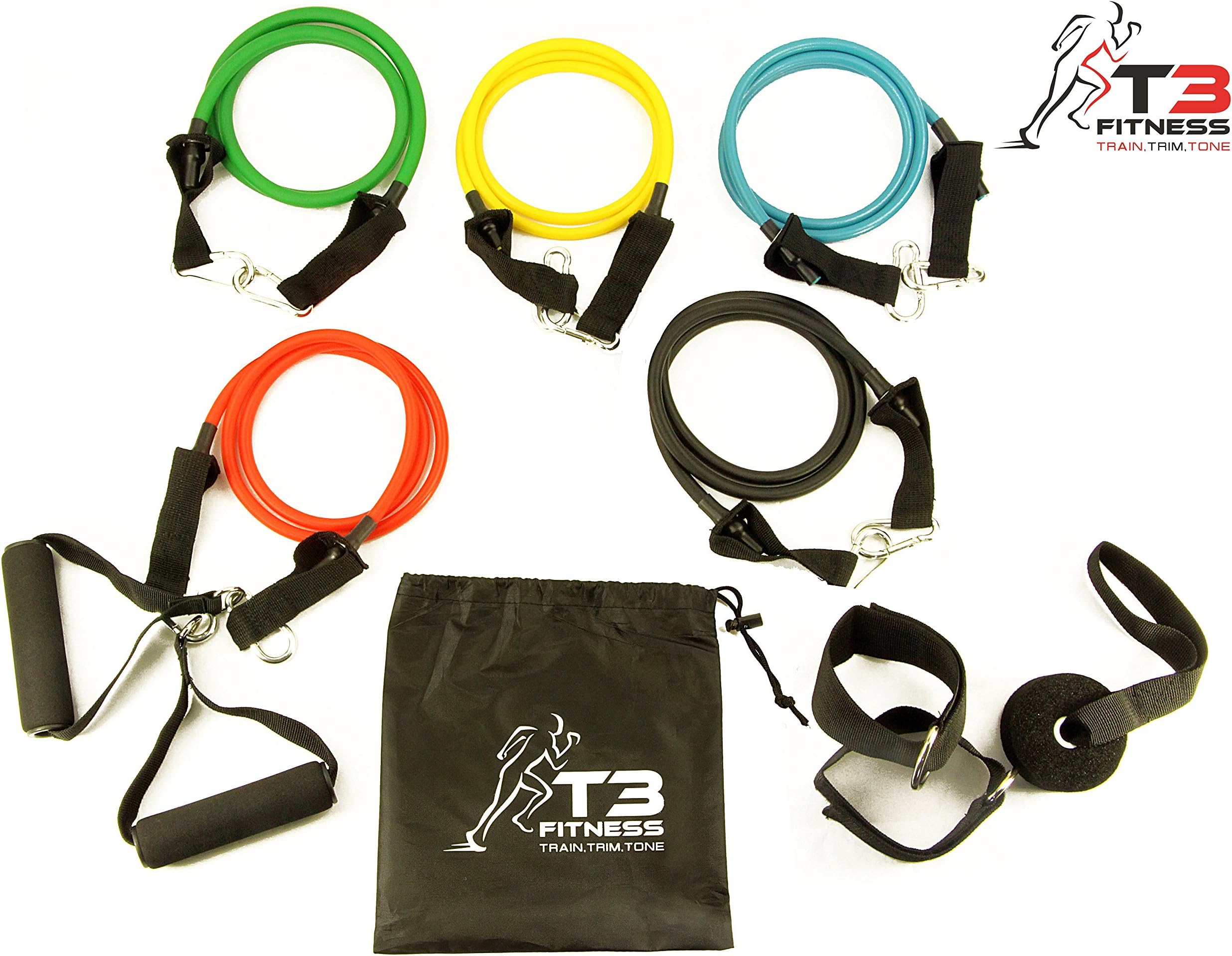 T3 Fitness Natural Latex 11pc Set of Durable Resistance Exercise Bands, 5 Resistance Bands, 2x Foam Handles, Heavy Duty Door Anchor, 2x Ankle Straps, Ideal For Home Gym Fitness, Yoga, Pilates, Abs, P90x & Crossfit