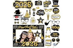 HOLIWOER Happy New Year Eve Party Decorations 2026, 34Pcs Glitter New Years Photo Booth Props – Sparkling NYE New Year Eve Party Supplies with Photo Frame for Celebratory NYE