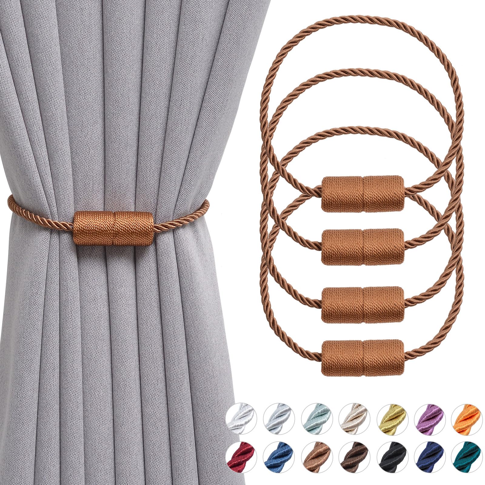 Pretty Jolly 4 Pack Magnetic Curtain Tiebacks 16 Inch Handmade Weave Side Rope Curtain Holdbacks Convenient Decorative Cylinder Curtain Drape Tie Backs for Home & Office Window Drapery (Light Coffee)