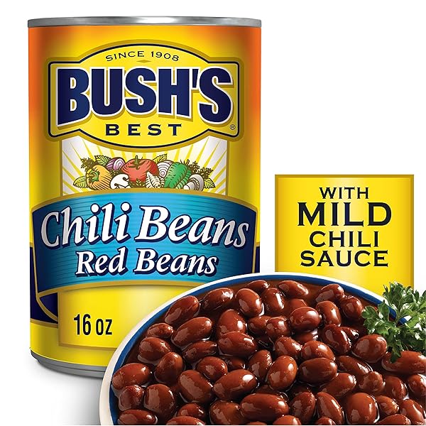 BUSH’S CANNED MILD RED CHILI BEANS (PACK OF 1), PLANT-BASED PROTEIN, EXCELLENT SOURCE OF FIBER, LOW FAT, GLUTEN FREE, IN MILD CHILI SAUCE, 16 OZ